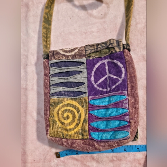 Boho Patchwork Crossbody Bag Peace Sign & Spiral Hippie Festival Purse 8x7” - Picture 6 of 8